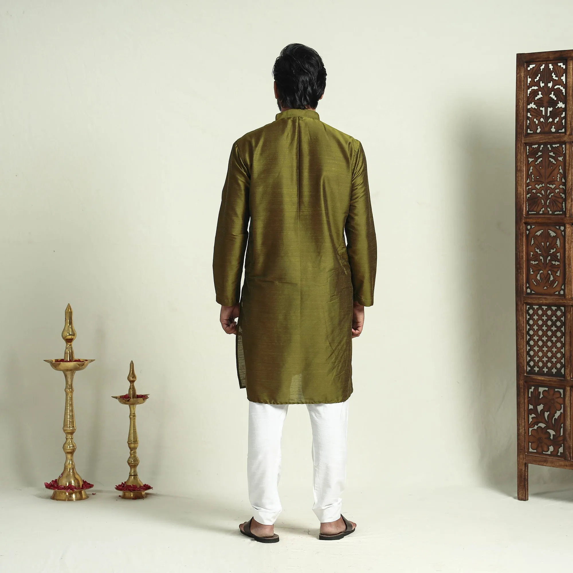 Olive Green - Plain Dyed Slub Silk Men Long Kurta