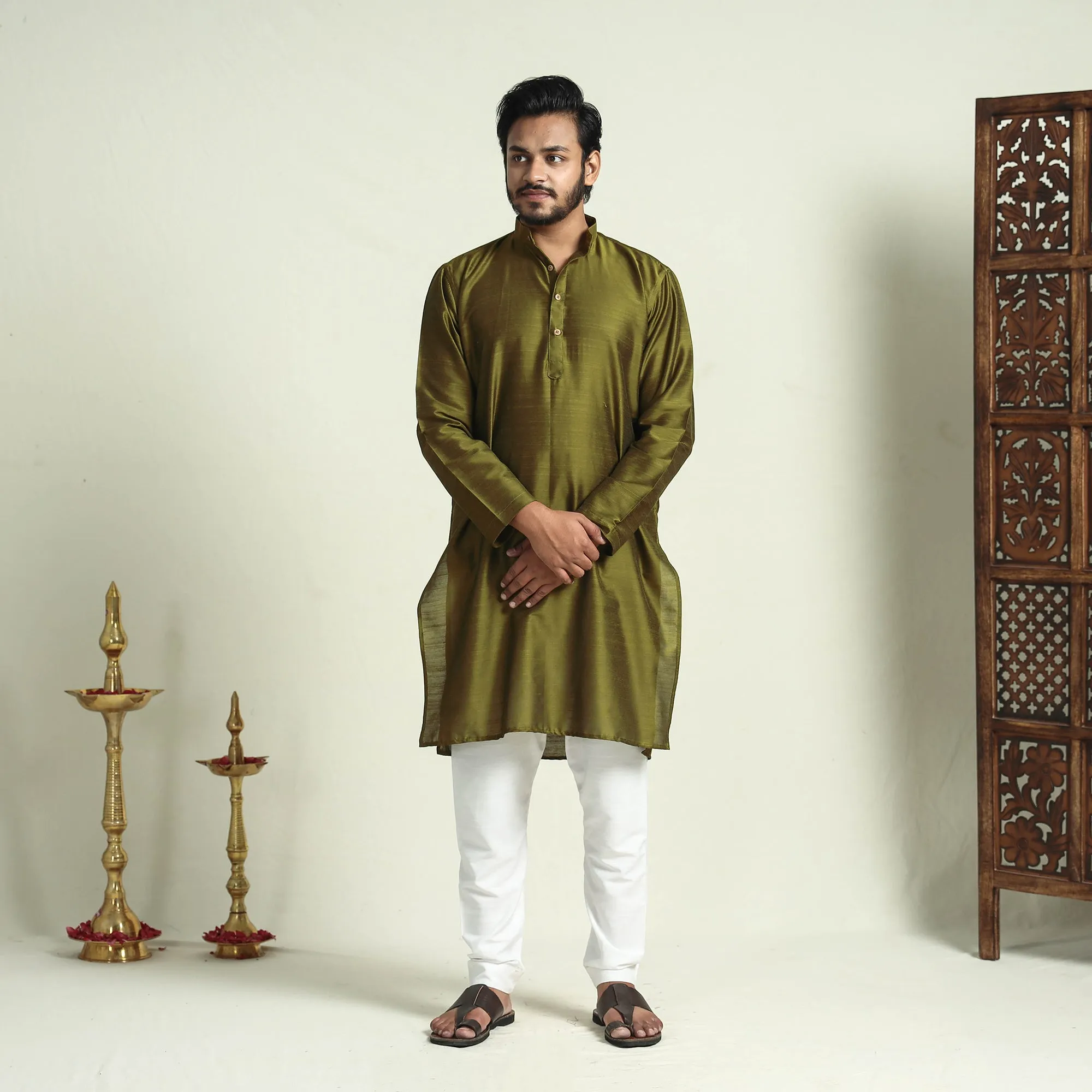 Olive Green - Plain Dyed Slub Silk Men Long Kurta