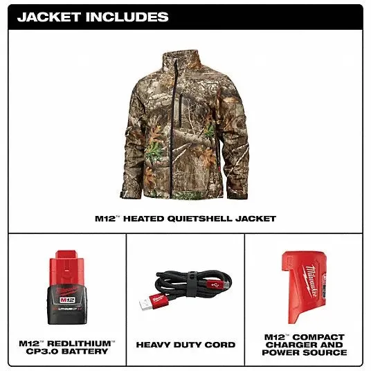 Open Box -  Milwaukee Men's X-Large M12 12V Lithium-Ion Cordless QUIETSHELL Camo Heated Jacket with (1) 3.0 Ah Battery and Charger, Camouflage