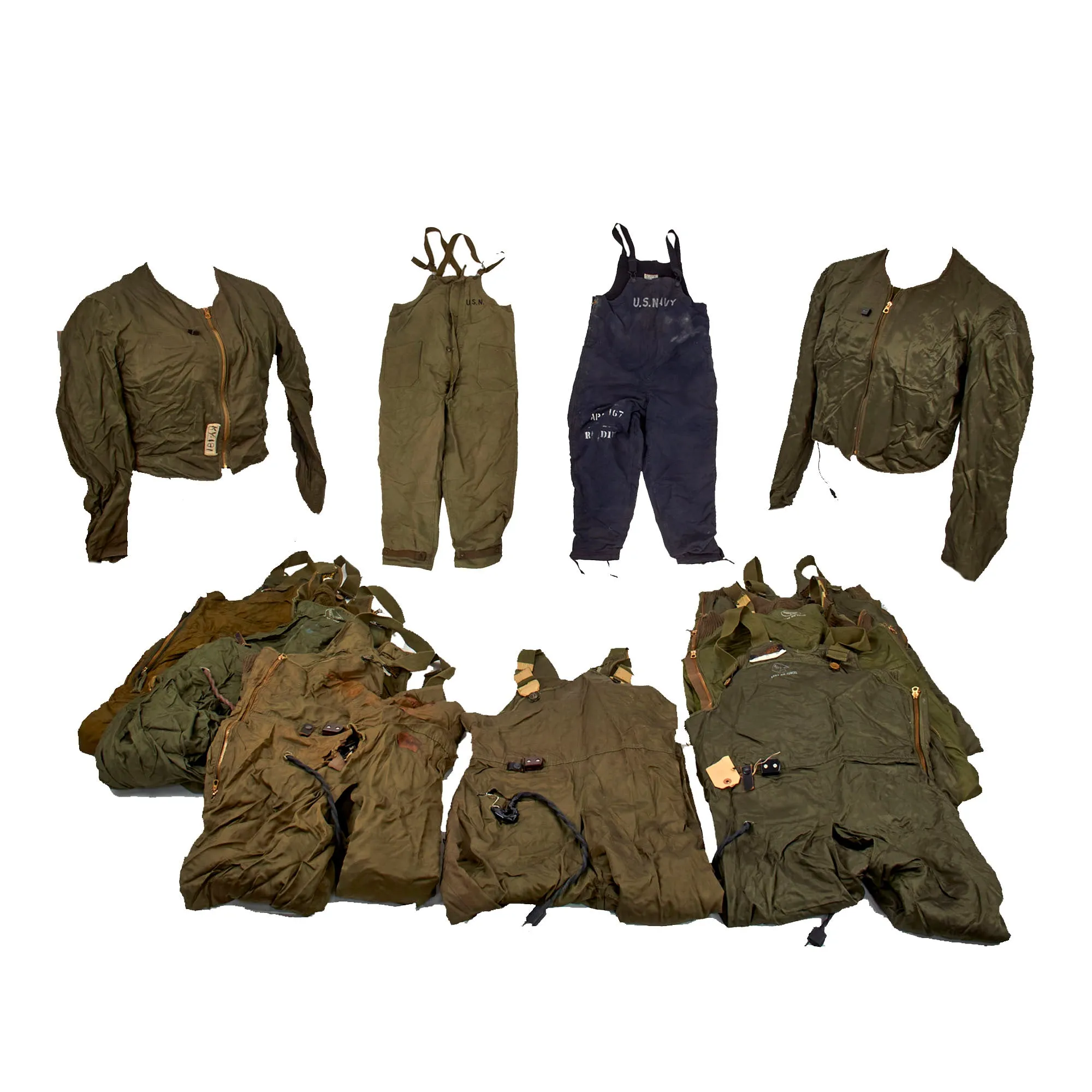 Original U.S. WWII to Immediate Post War Era Army Air Forces Type F-3 Heated Trousers, Type F-3 Heated Jacket and US Navy N-1 Type Winter Trousers - 11 Items Total