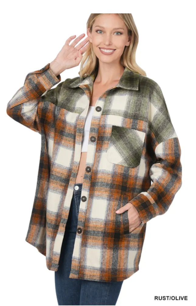 OVERSIZED YARN DYED PLAID LONGLINE SHACKET - Rust/ Olive