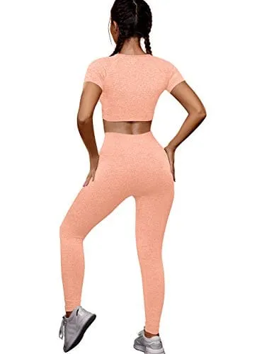 OYS Womens Yoga 2 Pieces Workout Outfits Seamless High Waist Leggings Sports Crop Top Running Sets Flesh Pink