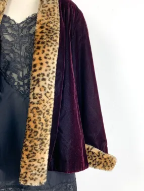 Patra Deep Burgundy Crushed Velvet Coat with Leopard Trim