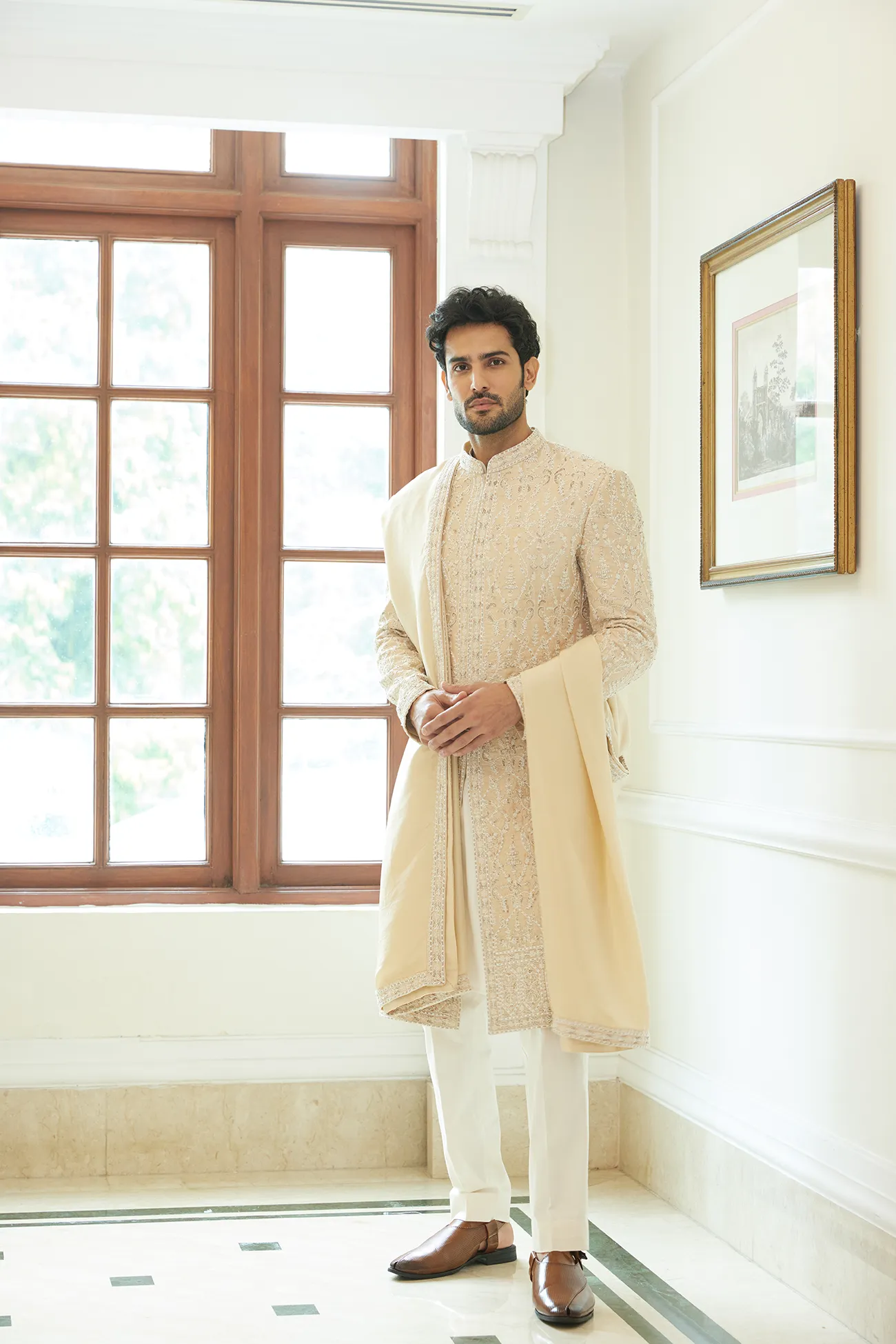 PEACH DUPION SILK SHERWANI KURTA TROUSER SET