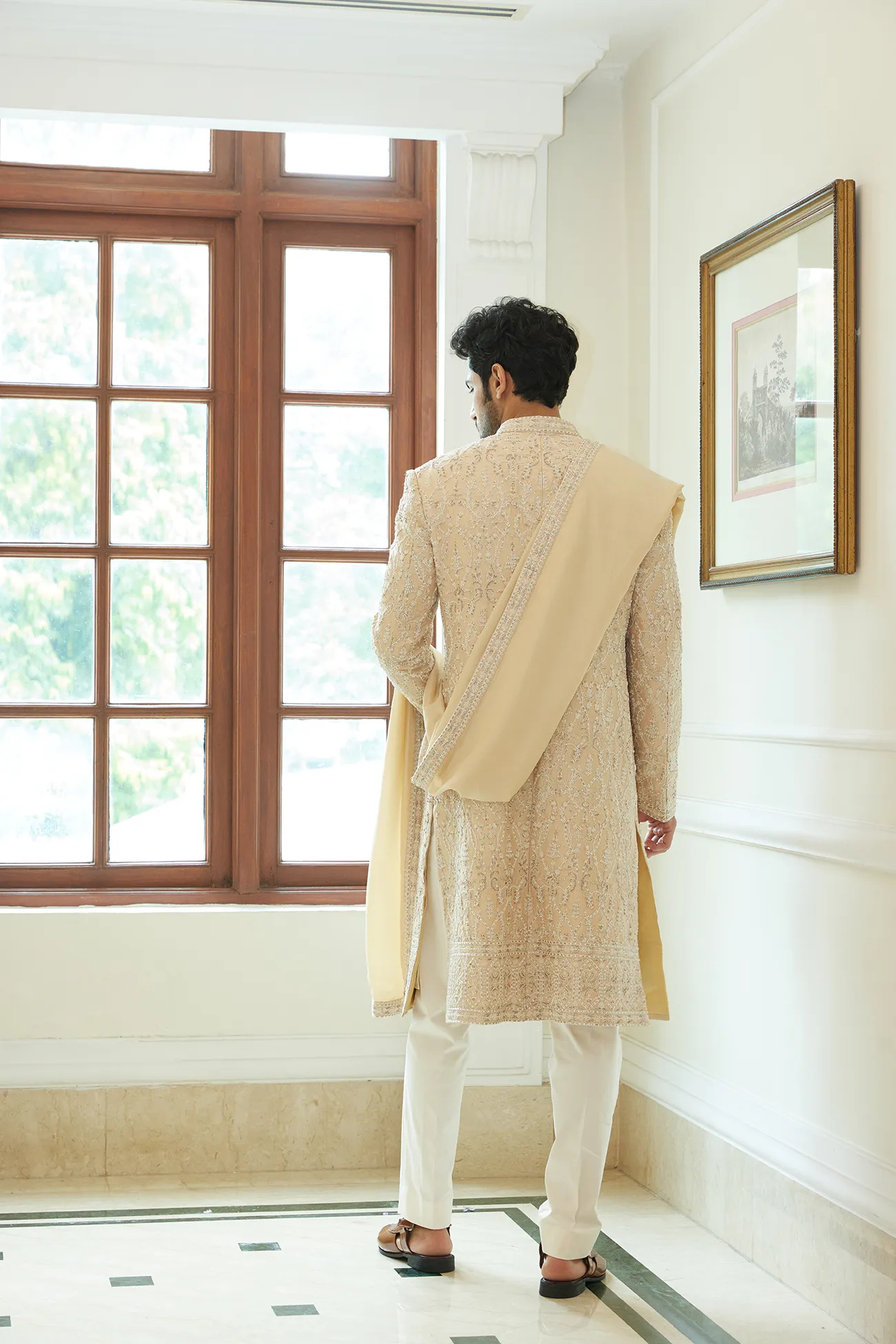 PEACH DUPION SILK SHERWANI KURTA TROUSER SET