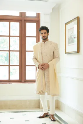 PEACH DUPION SILK SHERWANI KURTA TROUSER SET