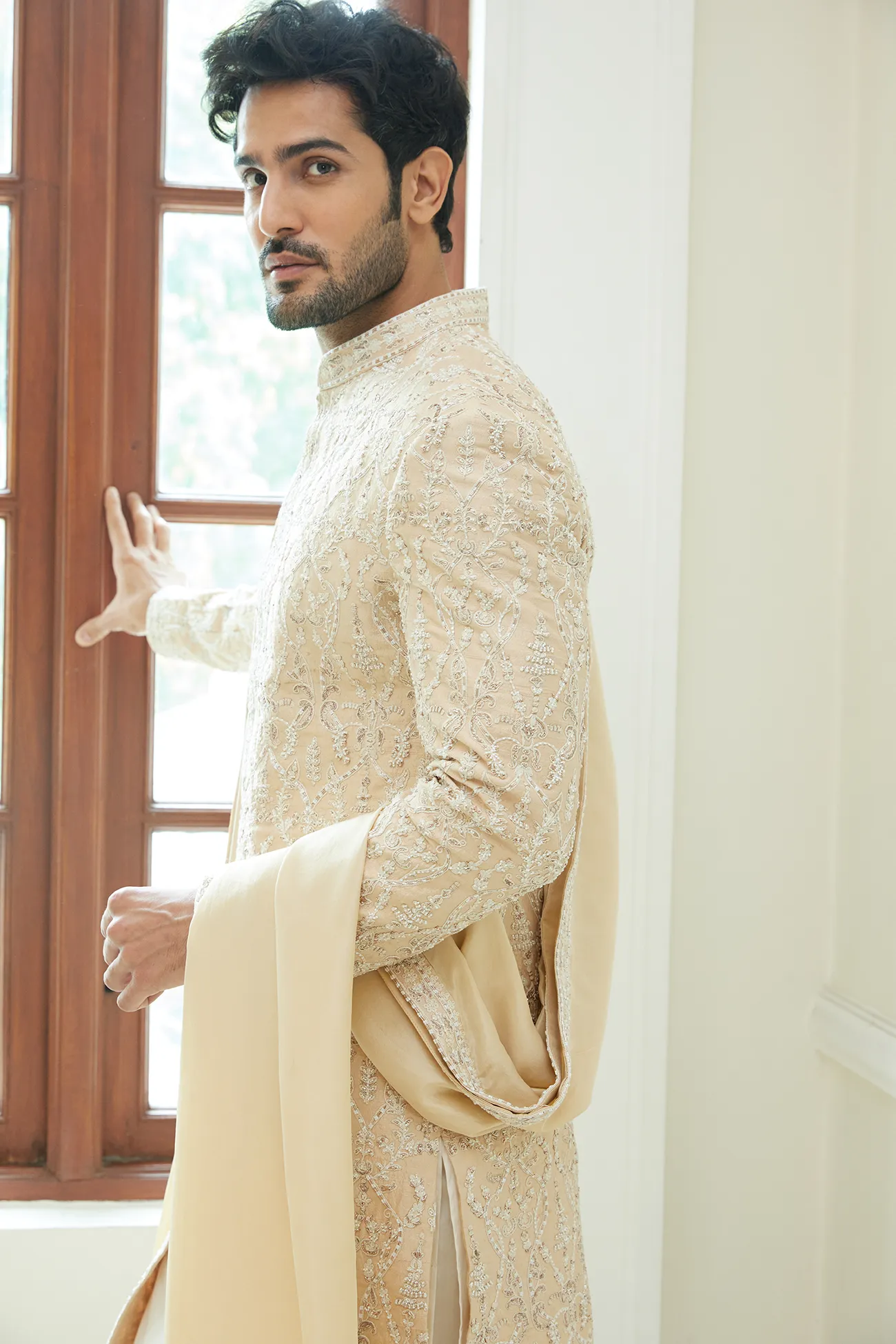 PEACH DUPION SILK SHERWANI KURTA TROUSER SET