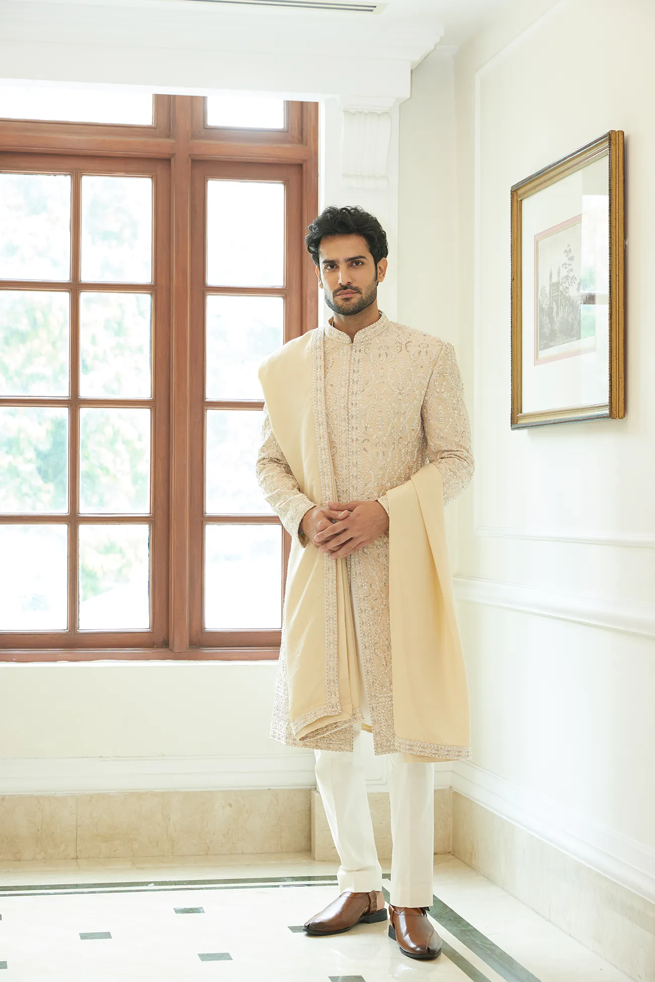 PEACH DUPION SILK SHERWANI KURTA TROUSER SET