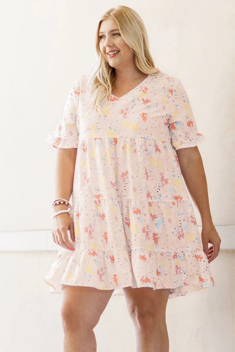 Plus Size Cream and Pink Babydoll Swing Dress