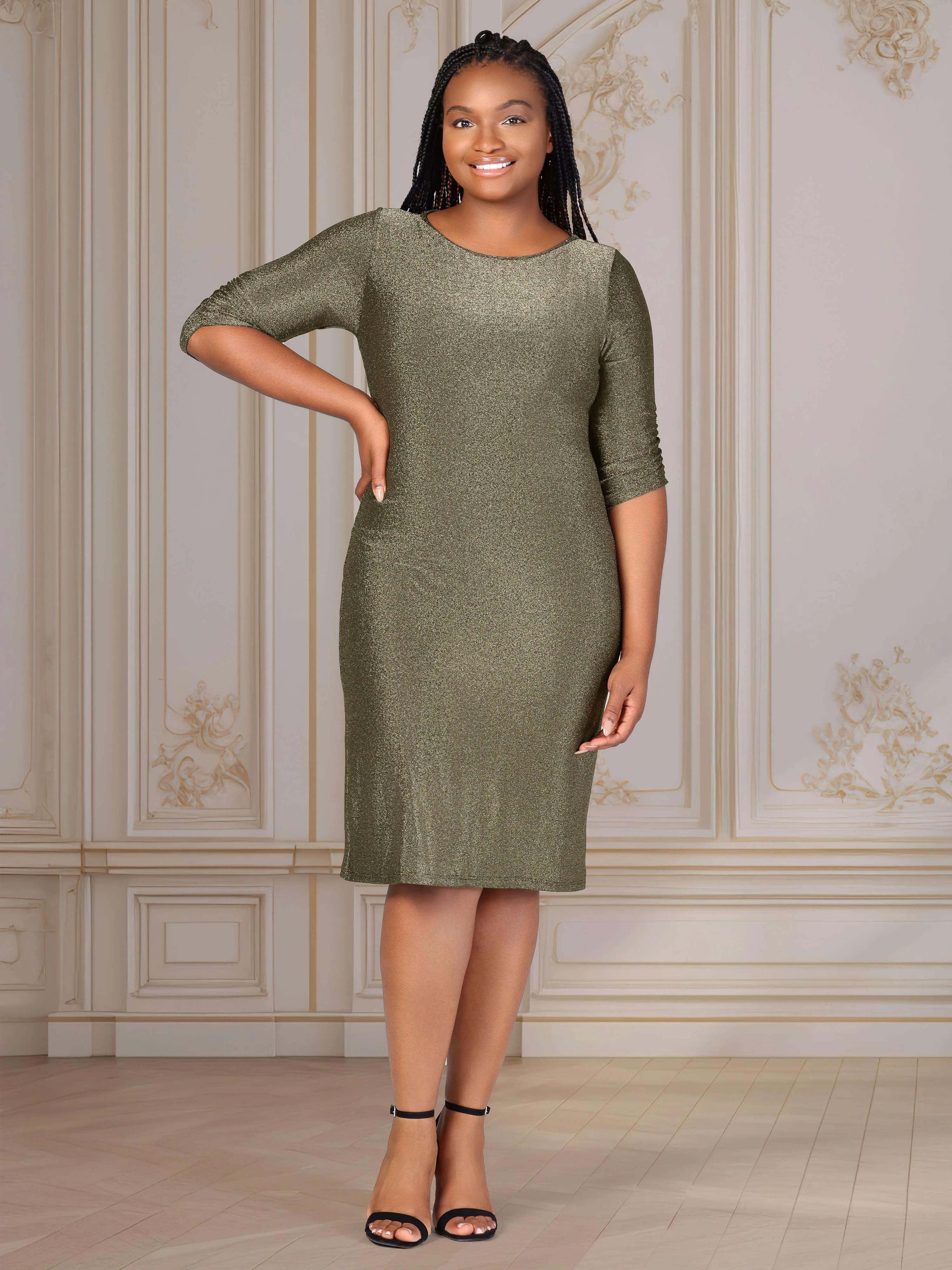 Plus Size Elbow Length Sleeve Shimmer Bodycon Mini Party Dress