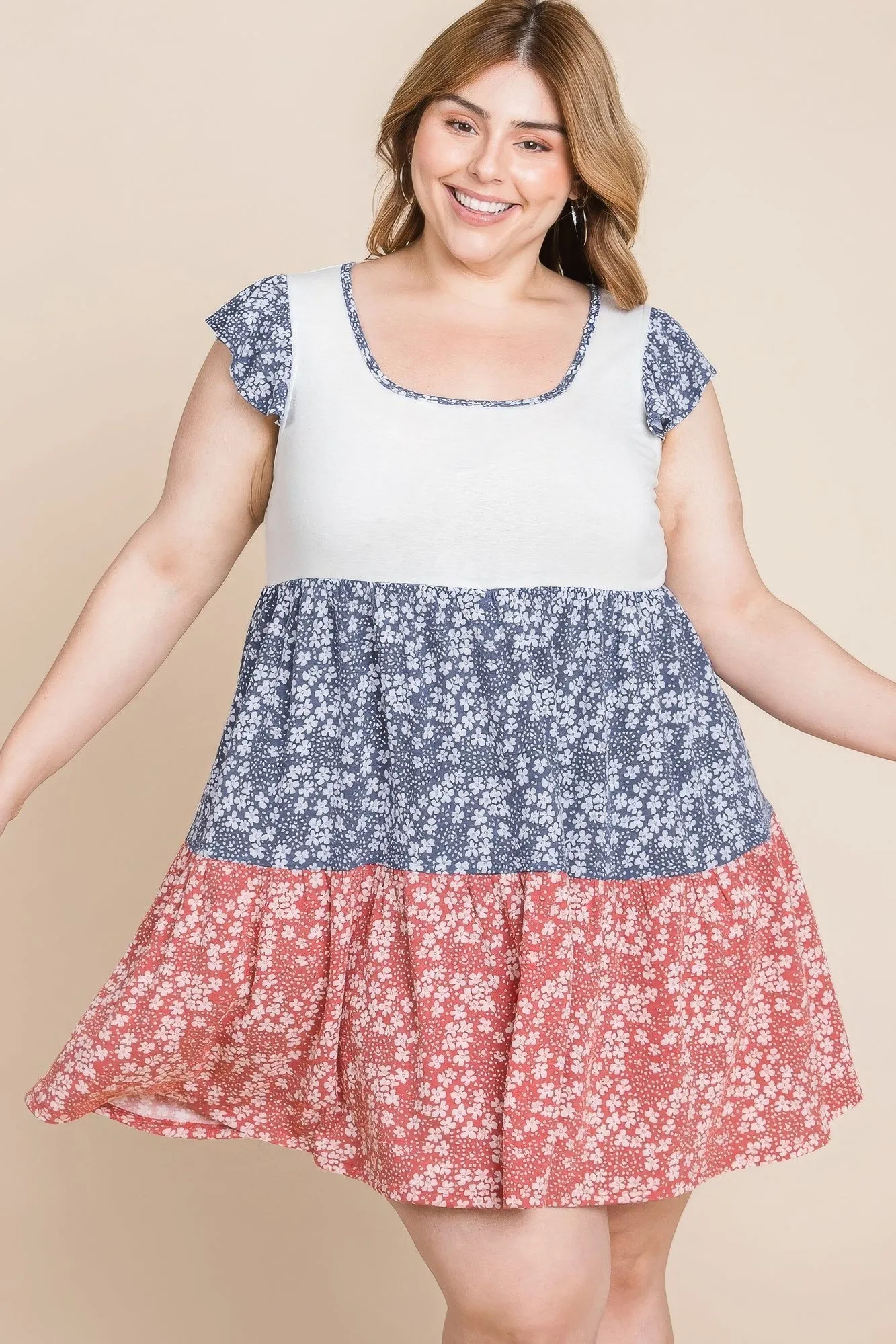 Plus Size Floral Color Block Contrast Tiered Babydoll Dress