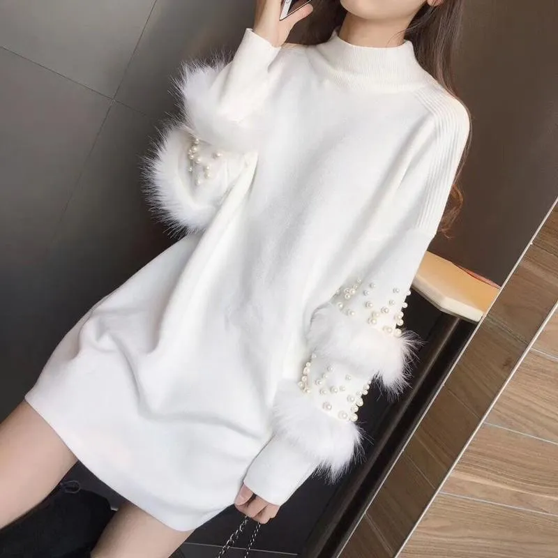 Pompom Fur Pearl Knit long Loose Autumn Pullover Sweater