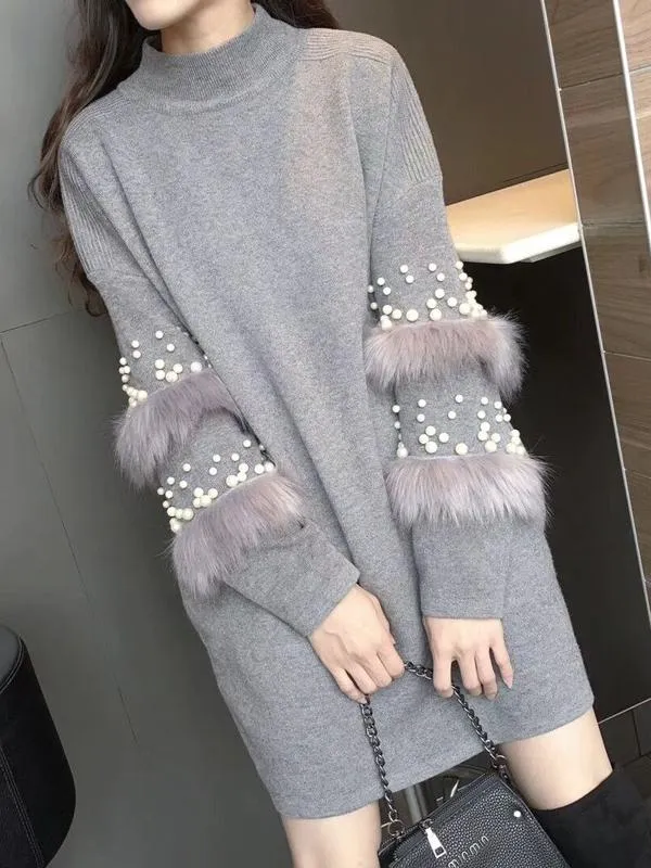 Pompom Fur Pearl Knit long Loose Autumn Pullover Sweater