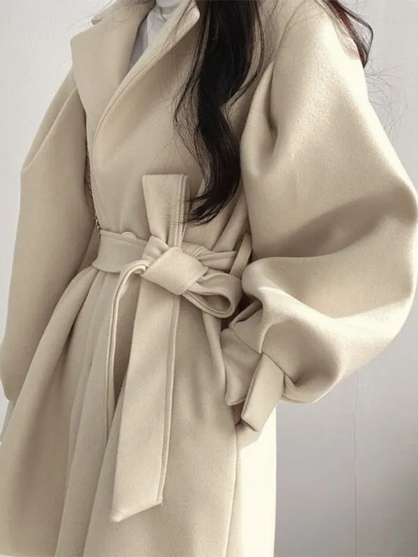 Puff Sleeve Belted Woolen Coat