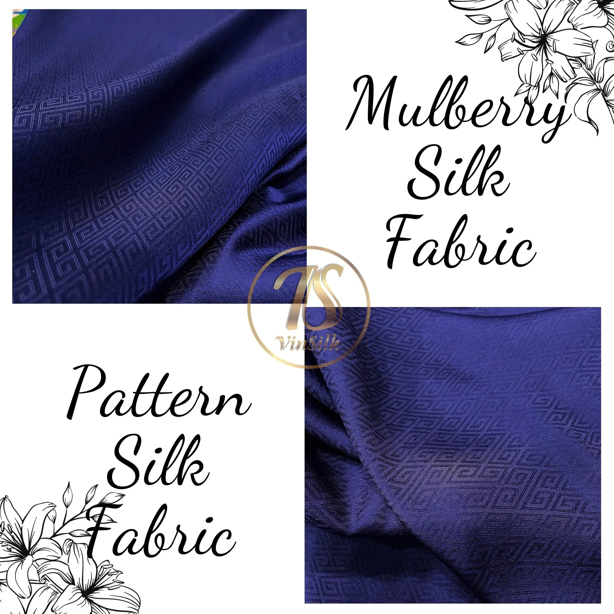 PURE MULBERRY SILK fabric by the yard - Dark blue pattern silk - Handmade fabric – Silk apparel fabric – Silk for sewing - Gift for men