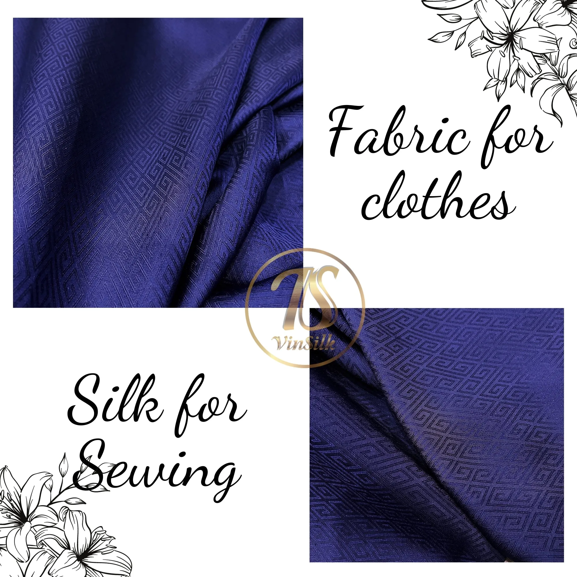 PURE MULBERRY SILK fabric by the yard - Dark blue pattern silk - Handmade fabric – Silk apparel fabric – Silk for sewing - Gift for men