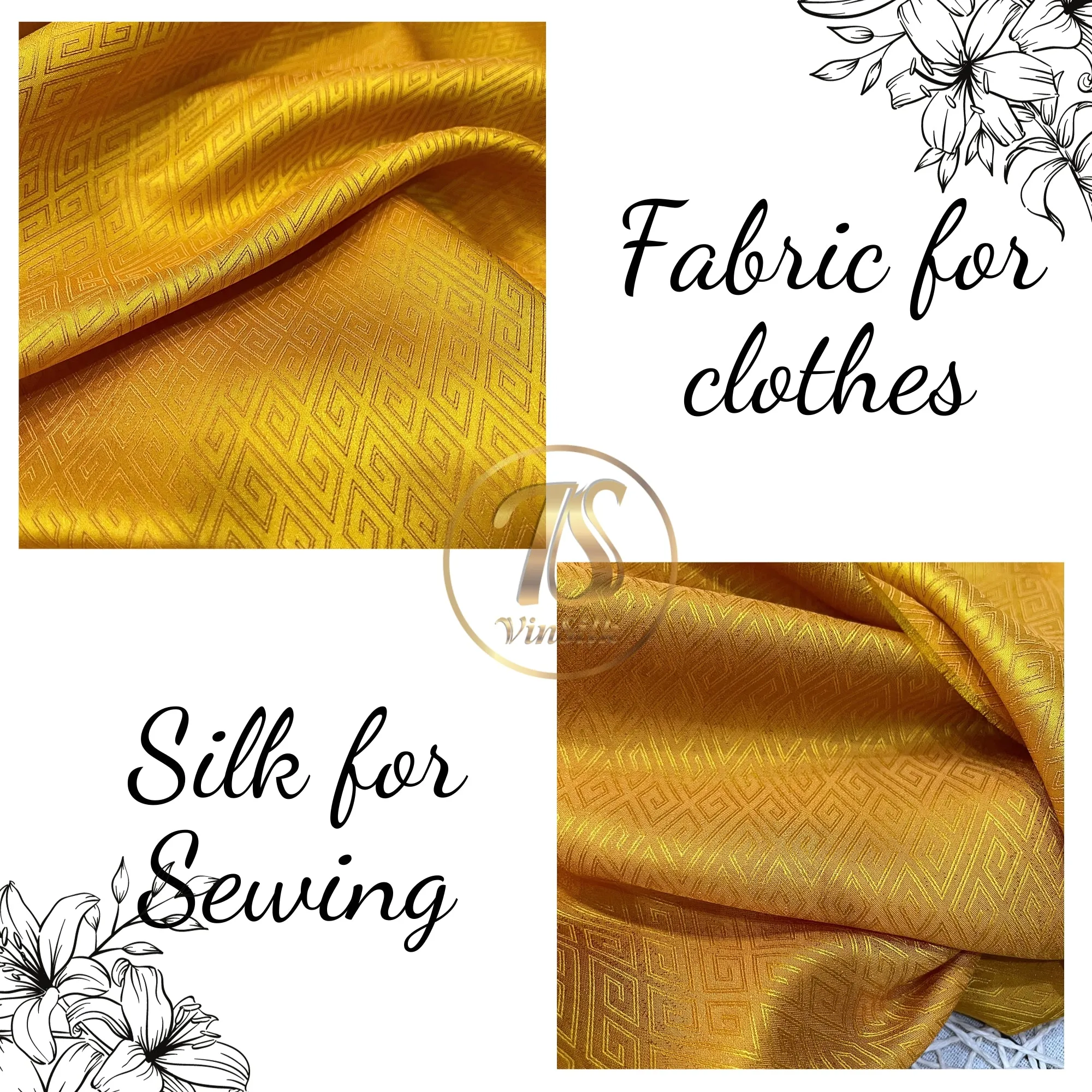 PURE MULBERRY SILK fabric by the yard - Yellow pattern silk - Handmade fabric – Sewing clothes – Silk for sewing - Gift for men