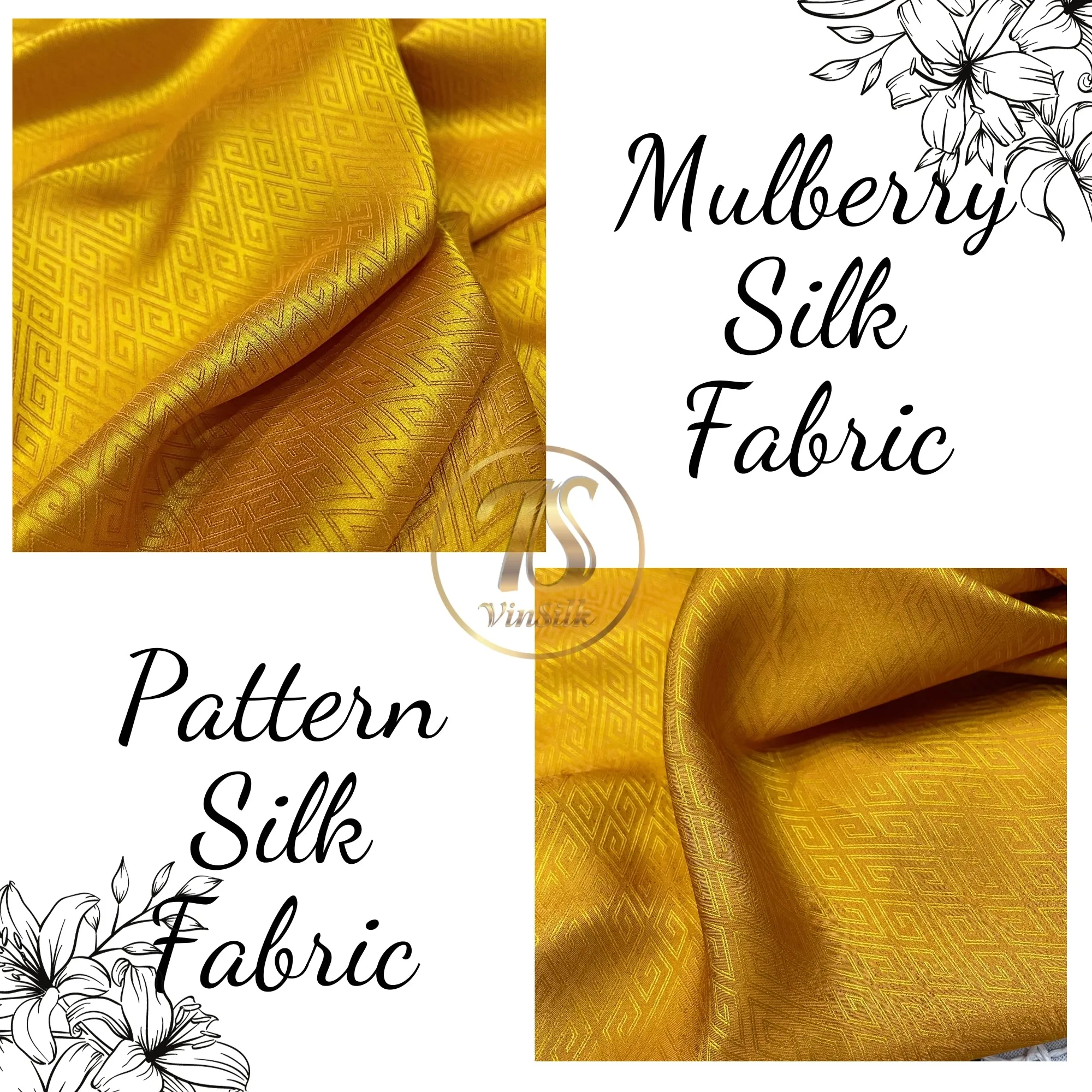 PURE MULBERRY SILK fabric by the yard - Yellow pattern silk - Handmade fabric – Sewing clothes – Silk for sewing - Gift for men