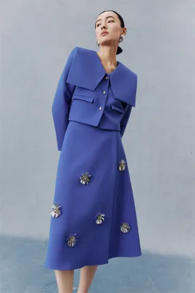 PURITY Sapphire blue preppy short coat floral beaded skirt suit set- Jen