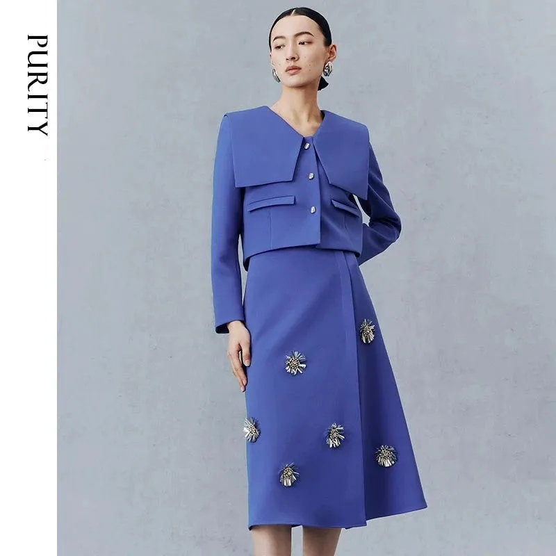 PURITY Sapphire blue preppy short coat floral beaded skirt suit set- Jen