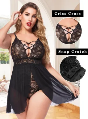 "Alluring Avidlove Plus Size Lace Lingerie - V Neck Nighty with Snap Crotch (L-5XL)"