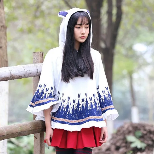 Rabbit Print Loose Hooded Jacket with Ear