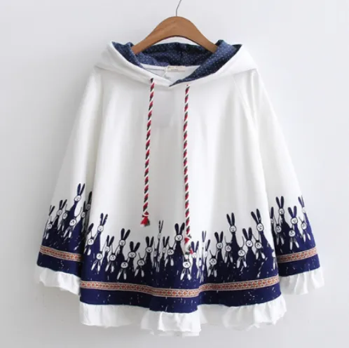 Rabbit Print Loose Hooded Jacket with Ear