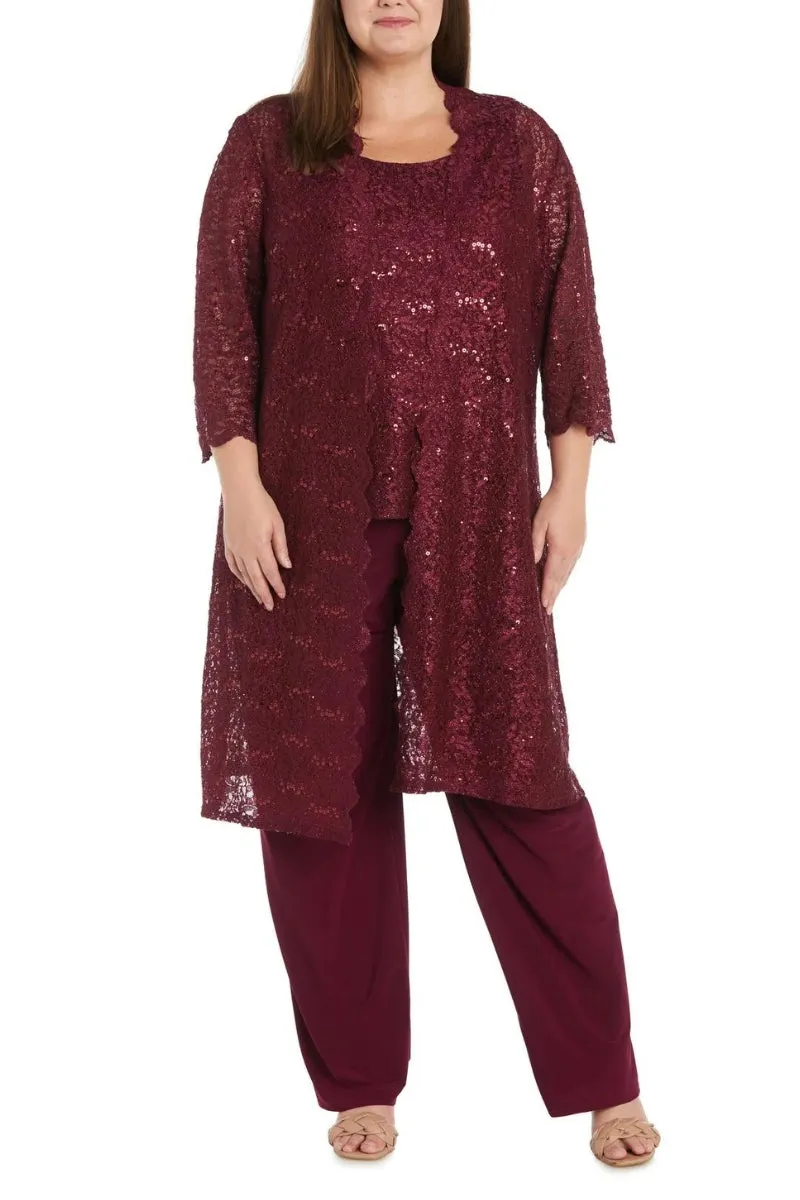 R&M Richards Metallic Lace Tank Top and Pant Set with Sheer Lace Jacket (Plus Size)