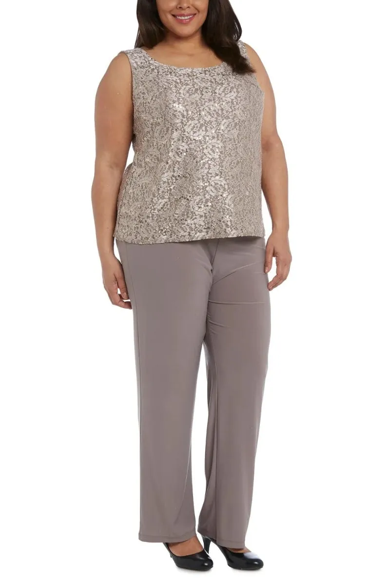 R&M Richards Metallic Lace Tank Top and Pant Set with Sheer Lace Jacket (Plus Size)