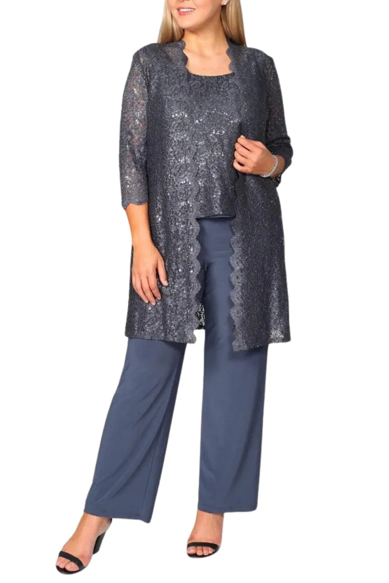 R&M Richards Metallic Lace Tank Top and Pant Set with Sheer Lace Jacket (Plus Size)