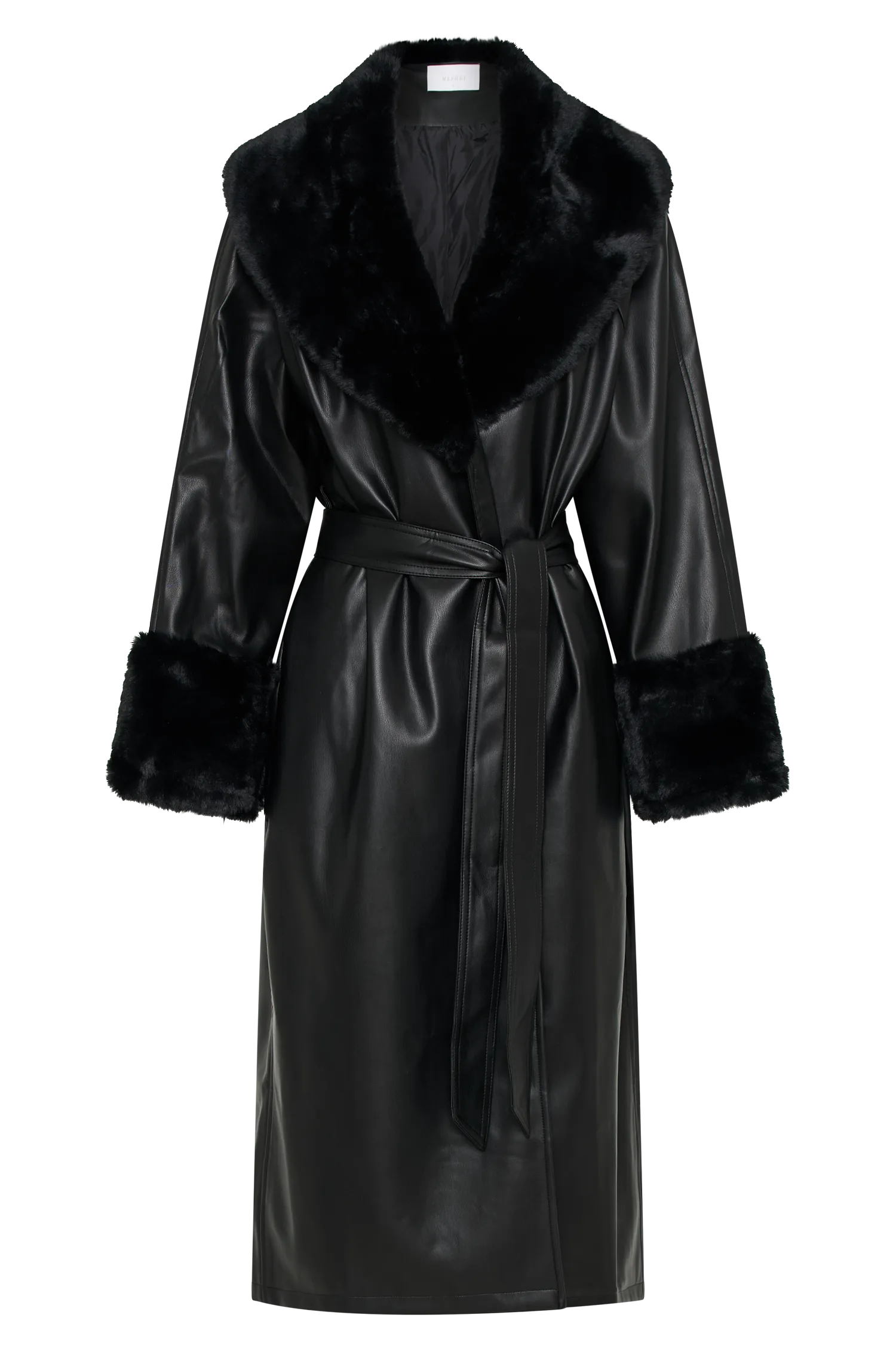 Rebekah Oversized Pu Trench Coat With Fur Trim - Black