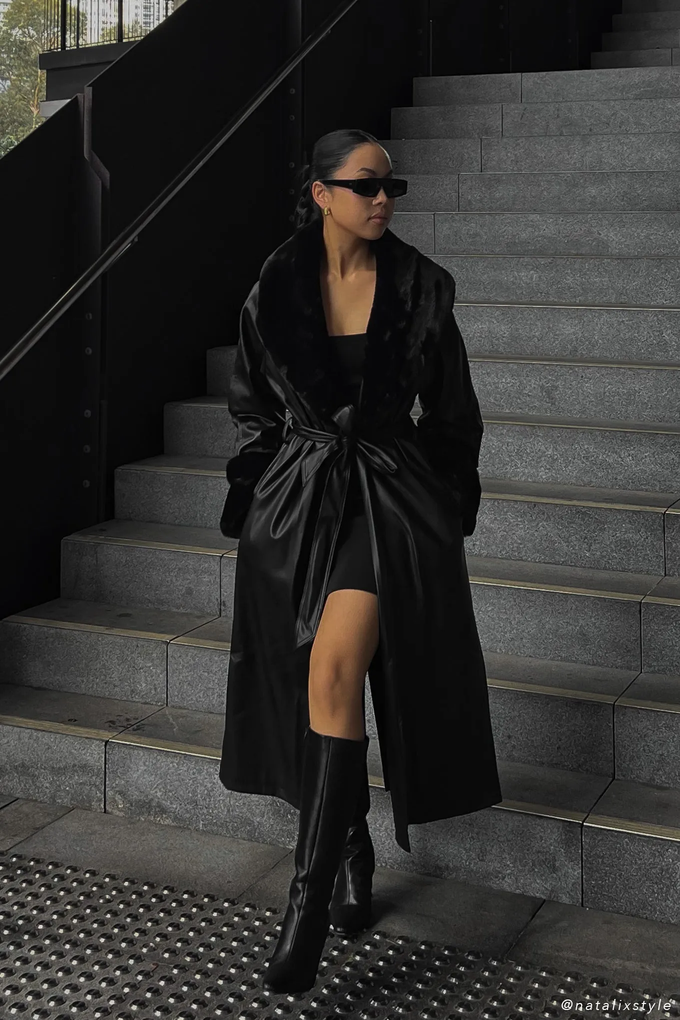 Rebekah Oversized Pu Trench Coat With Fur Trim - Black