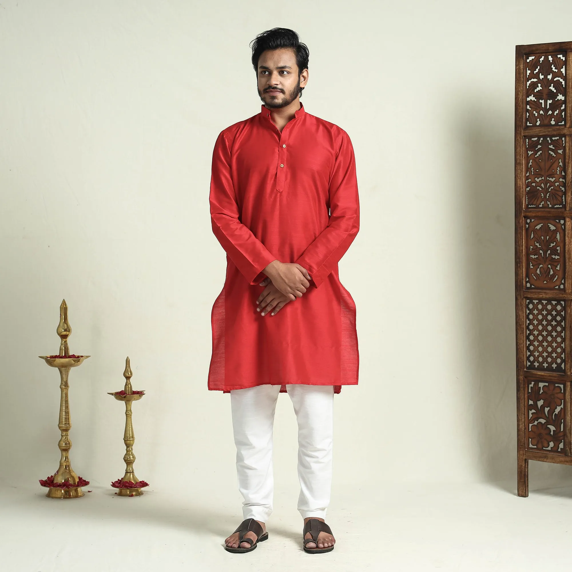 Red - Plain Dyed Slub Silk Men Long Kurta