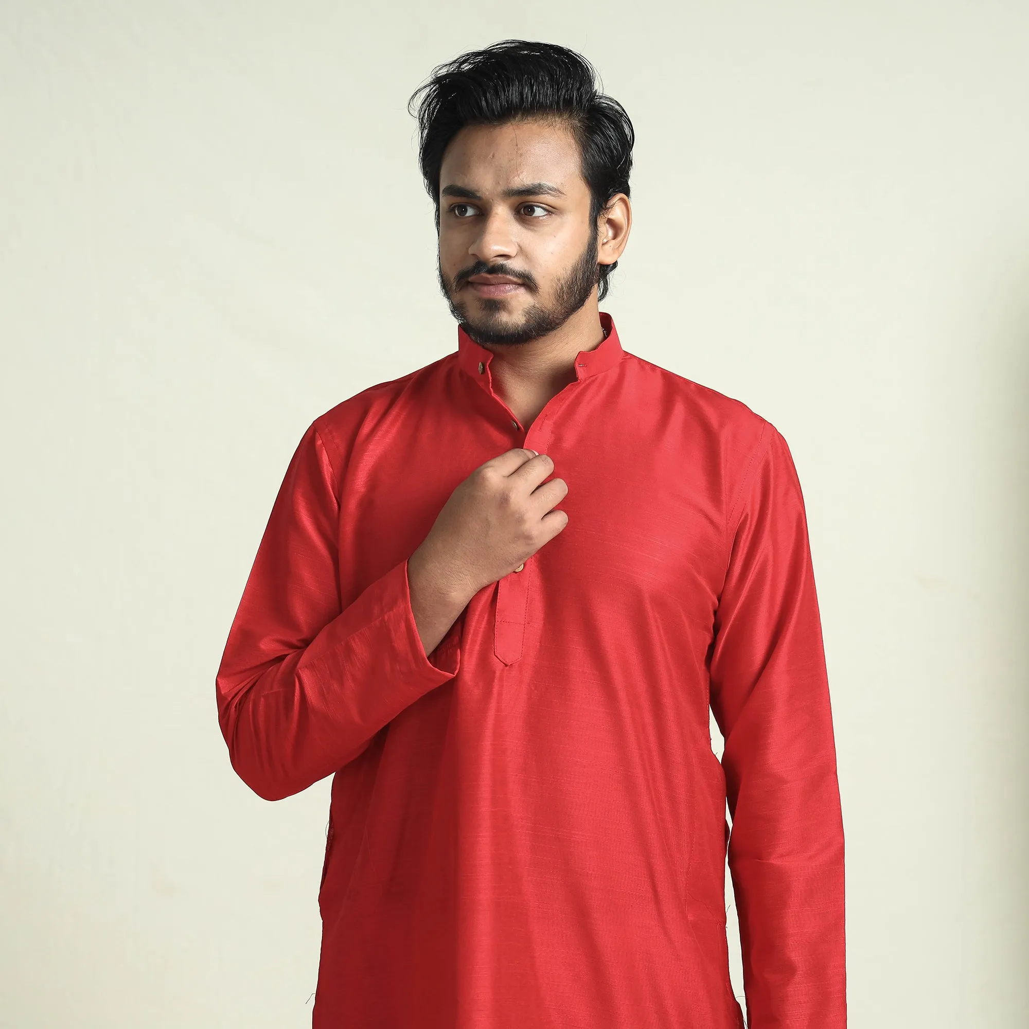 Red - Plain Dyed Slub Silk Men Long Kurta