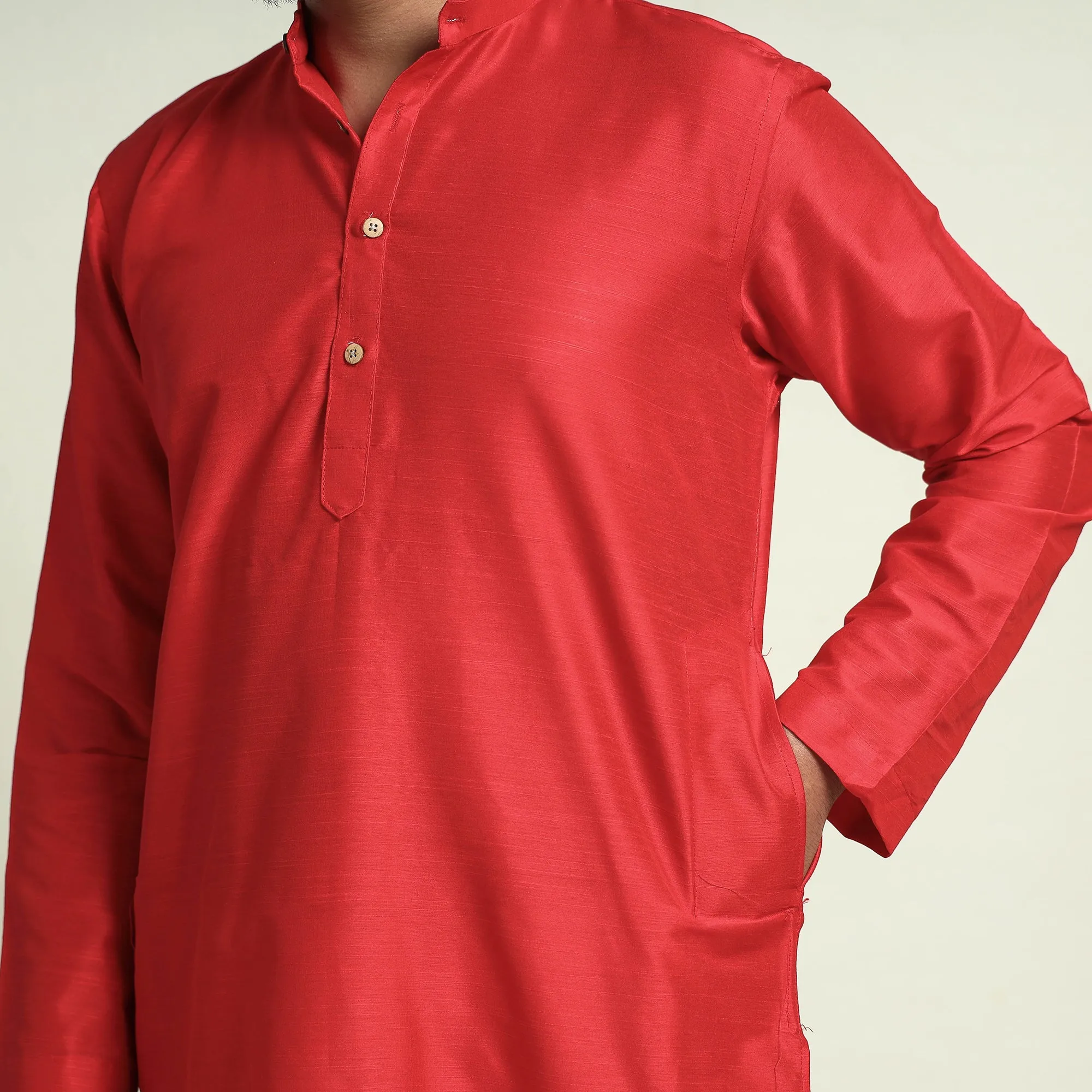 Red - Plain Dyed Slub Silk Men Long Kurta