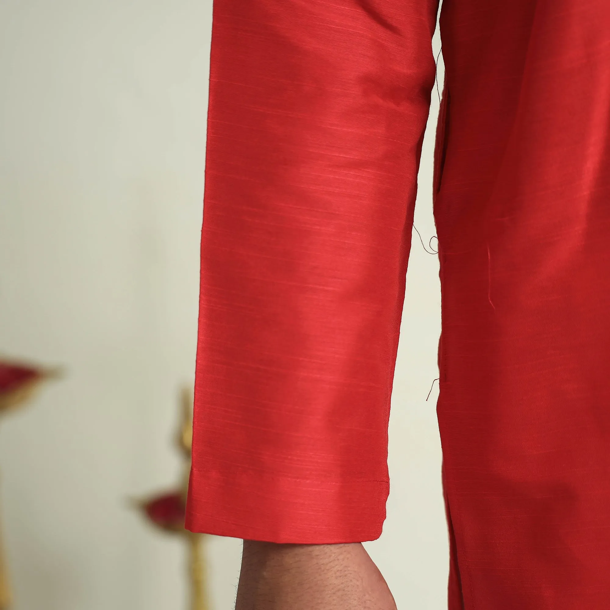 Red - Plain Dyed Slub Silk Men Long Kurta