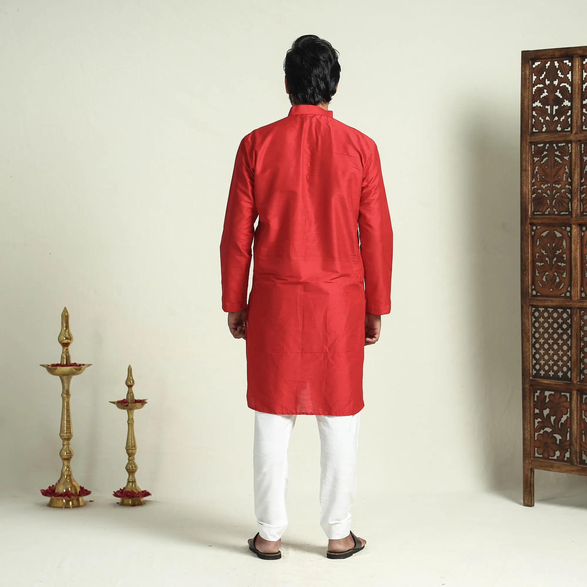 Red - Plain Dyed Slub Silk Men Long Kurta