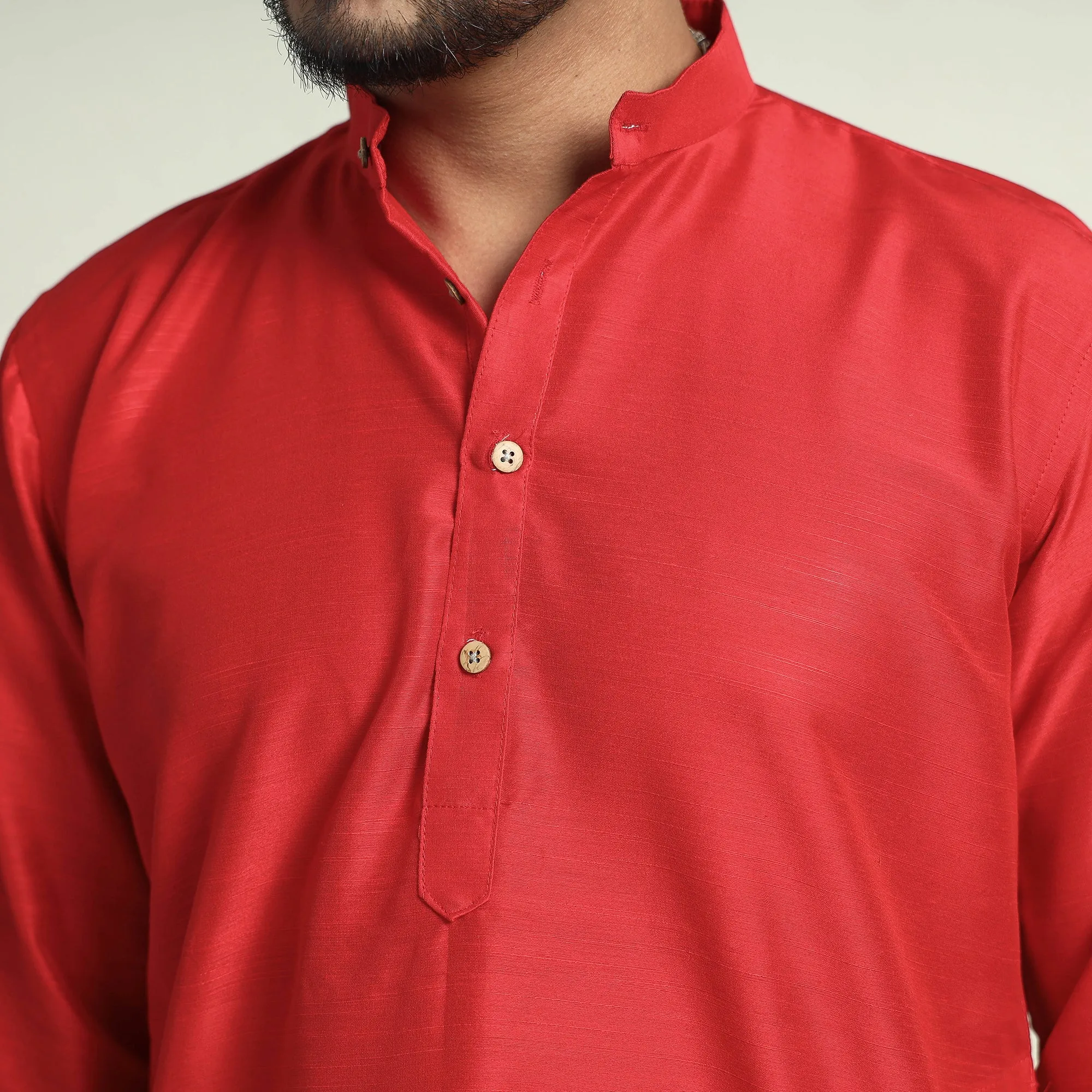 Red - Plain Dyed Slub Silk Men Long Kurta