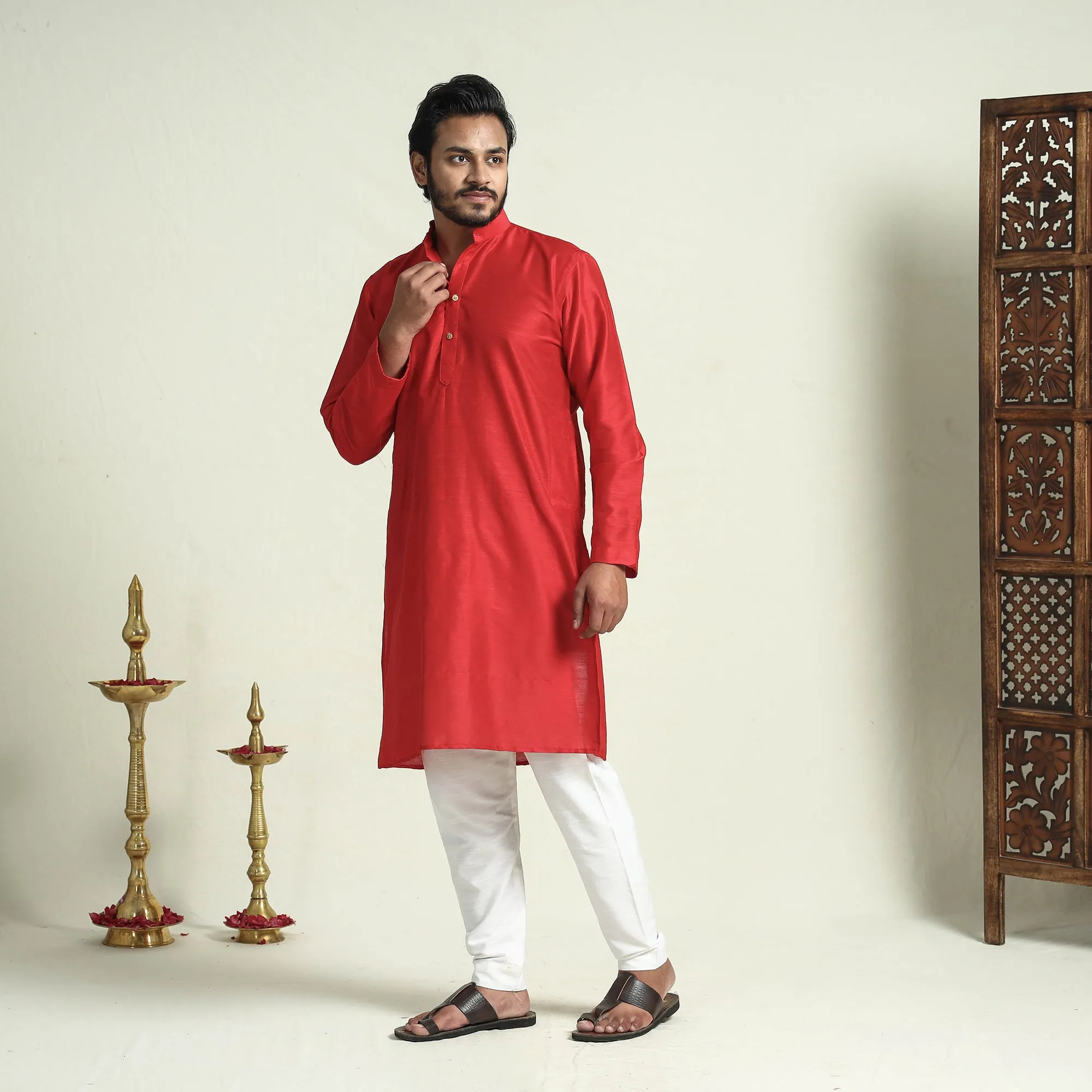 Red - Plain Dyed Slub Silk Men Long Kurta