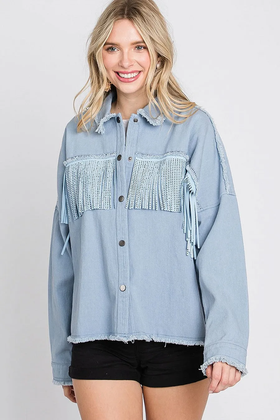 Rhinestone Fringe Detail Shirt Jacket