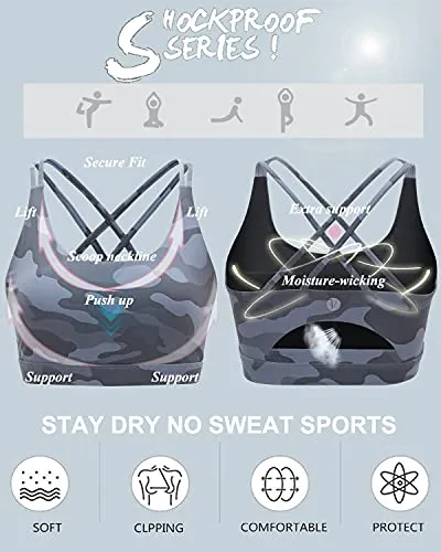 RUNNING GIRL Strappy Sports Bra for Women, Sexy Crisscross Back Medium Support Yoga Bra with Removable Cups (WX2354_Camouflage Blue, L)