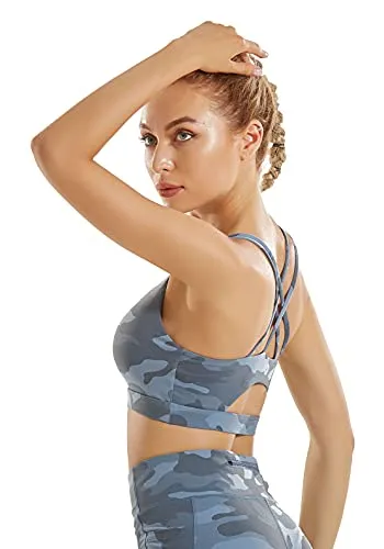 RUNNING GIRL Strappy Sports Bra for Women, Sexy Crisscross Back Medium Support Yoga Bra with Removable Cups (WX2354_Camouflage Blue, L)