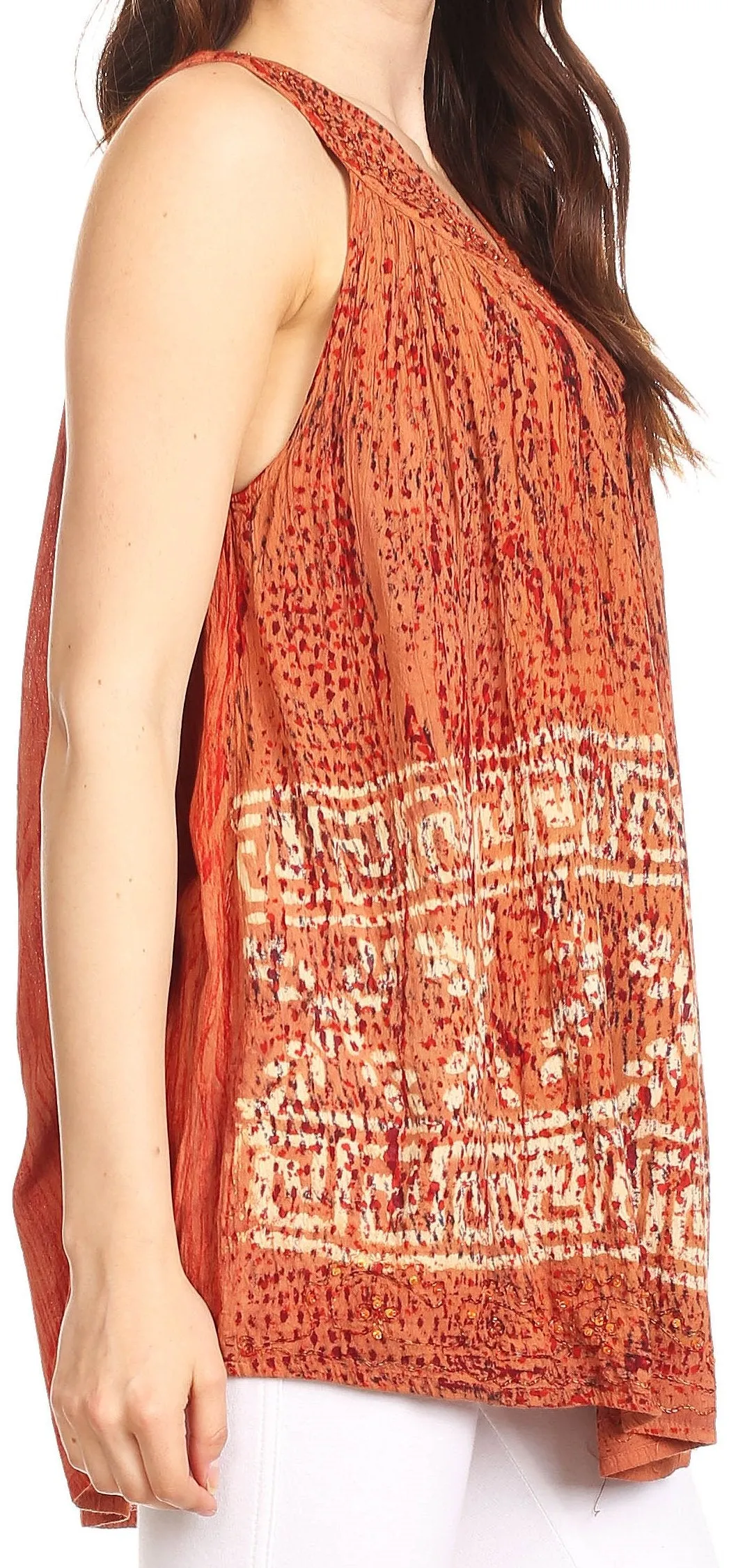 Sakkas Badalea Long Embroidered Sequin Beaded Batik Shirt Printed Tank Top Blouse