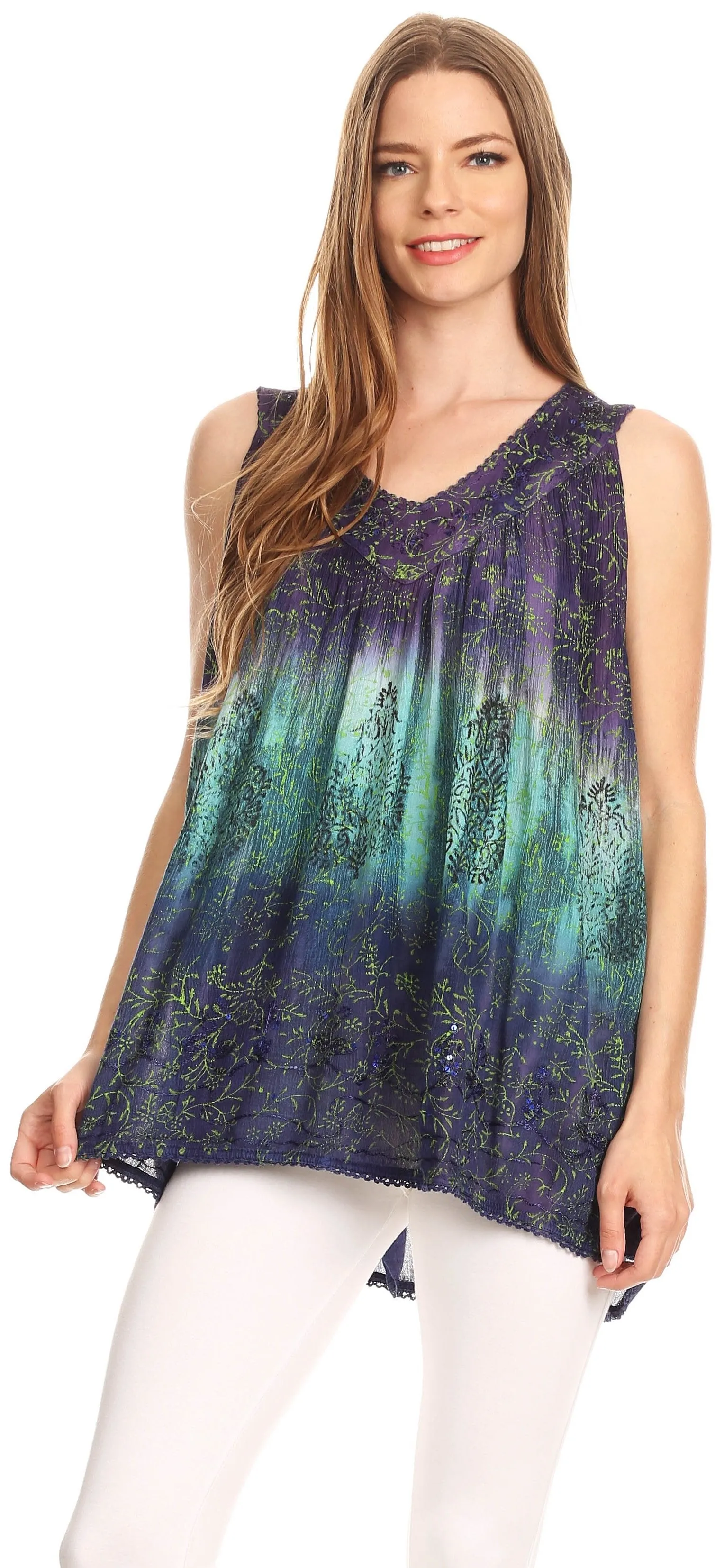 Sakkas Freya Dip Dyed Tie Dye Tank with Sequins and Embroidery