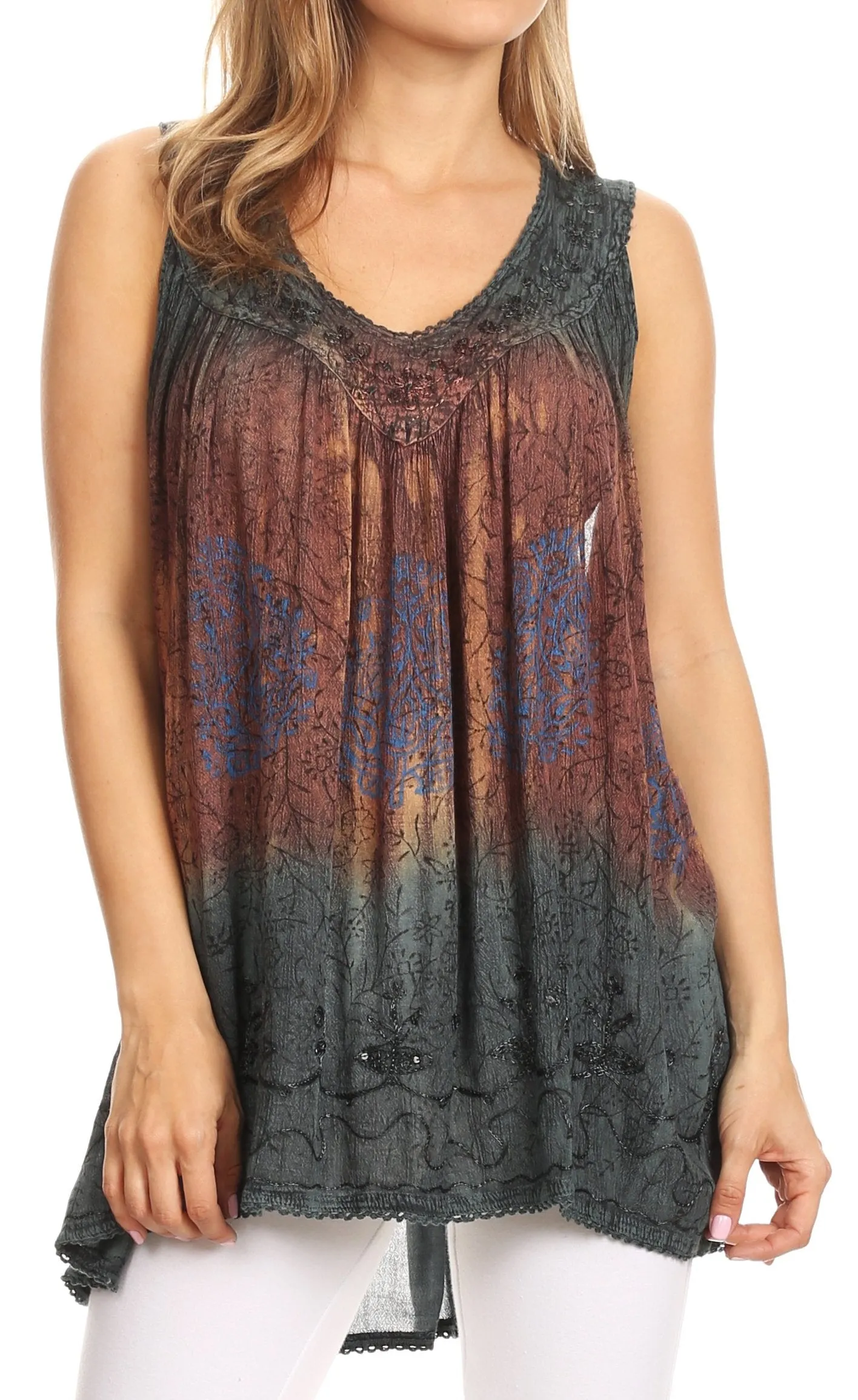 Sakkas Freya Dip Dyed Tie Dye Tank with Sequins and Embroidery