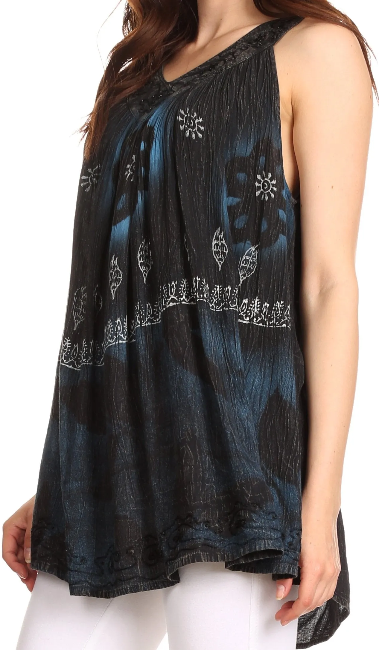 Sakkas Goregianna Long Embroidered Sequin Printed Batik Beaded Tank Top Blouse Top