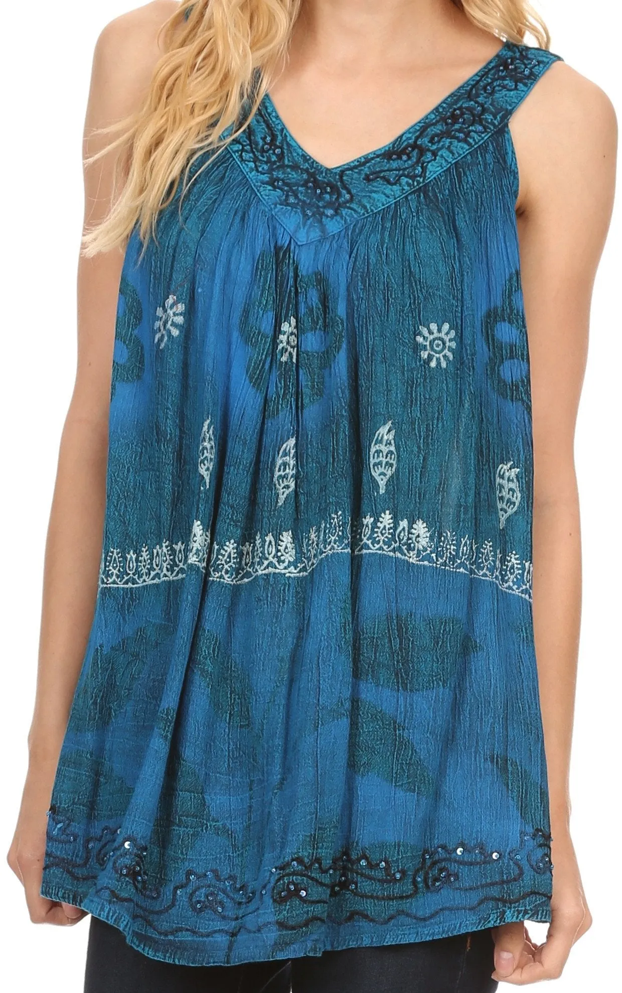 Sakkas Goregianna Long Embroidered Sequin Printed Batik Beaded Tank Top Blouse Top