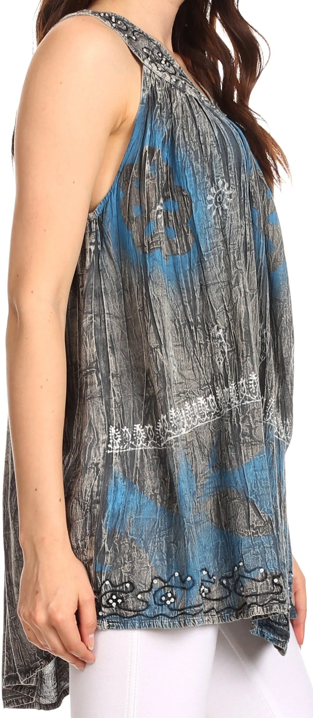 Sakkas Goregianna Long Embroidered Sequin Printed Batik Beaded Tank Top Blouse Top