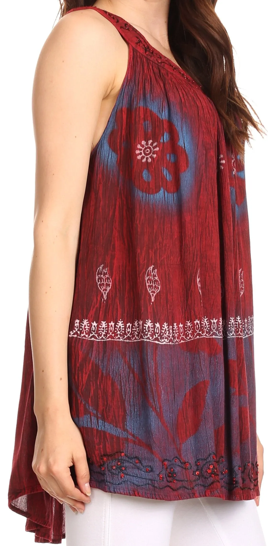 Sakkas Goregianna Long Embroidered Sequin Printed Batik Beaded Tank Top Blouse Top