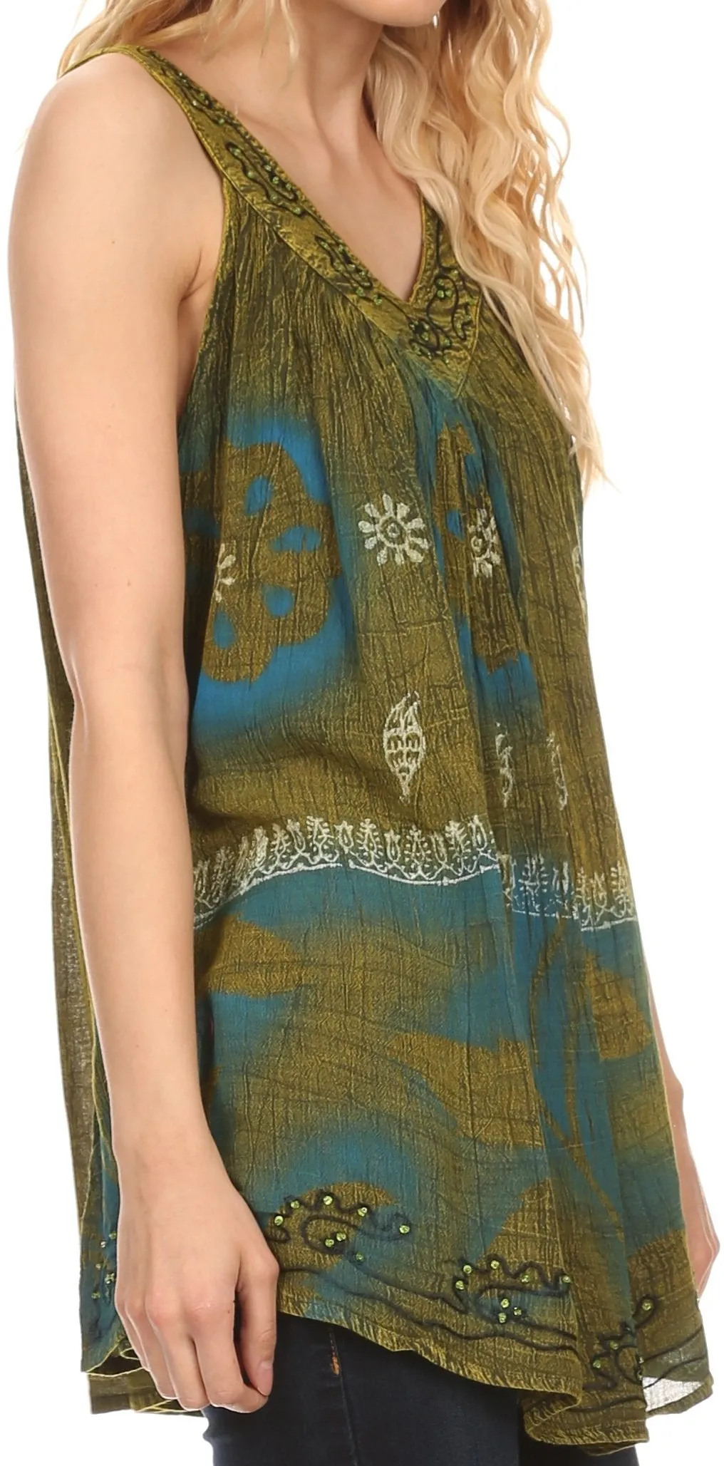 Sakkas Goregianna Long Embroidered Sequin Printed Batik Beaded Tank Top Blouse Top